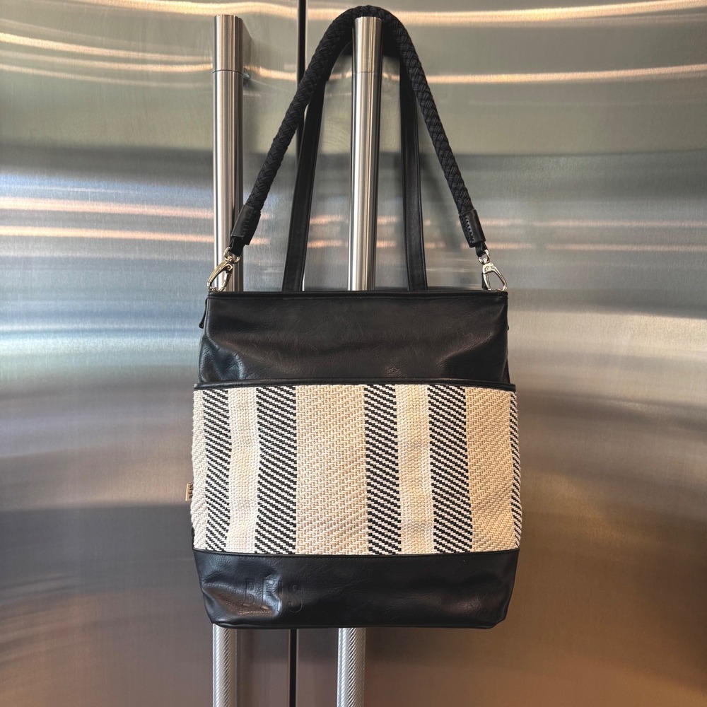 BEIS Convertible Tote Bag Black Cream Striped Faux Leather Woven‎ Travel Handbag